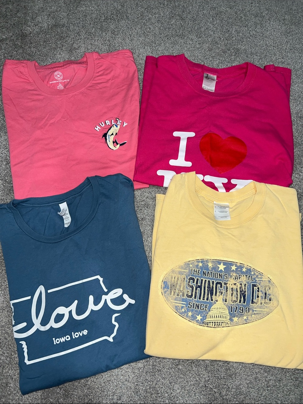 Women’s Graphic T-Shirt Bundle Large Hurley Iowa Love Washington DC 4 Tops